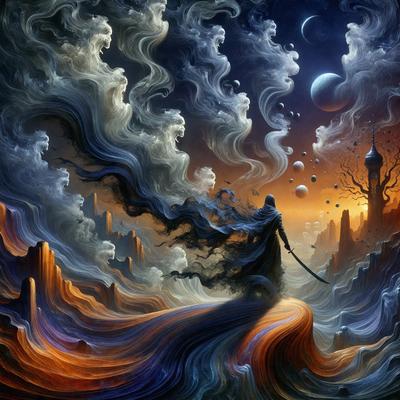 The primary subject of the image is a person, possibly a wizard or a warrior, walking through a dark and stormy landscape. The setting includes a cityscape with buildings and a tree. The visual style of the image is digital art, with a rich and detailed atmosphere. The dominant colors in the image are dark shades, such as black, grey, and purple, creating a moody and dramatic mood.